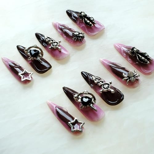 Pink Black Bunny Gothic Press-On Nails - Ombre Stiletto with 3D Halloween Charms - Small, LS