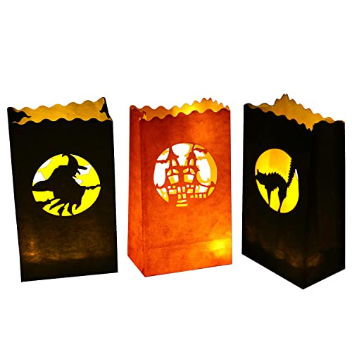 Halloween Luminary Bags Set - Witch, Castle & Cat Silhouettes, Flame-Resistant Lanterns, 48 Pack