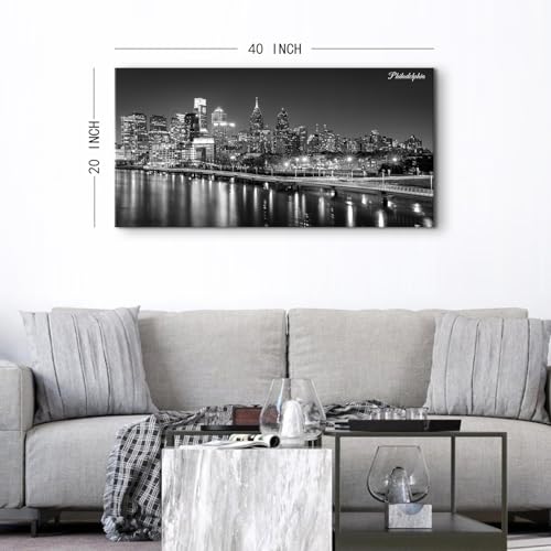 Philadelphia Skyline Wall Art Canvas - Black & White Cityscape, 40L x 20W, Modern Philly Night View