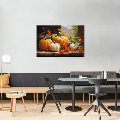 Pumpkin Canvas Wall Art - Fall Autumn Halloween Decor - 48x32 Inches - Rustic Framed Artwork for Living Room & Kitchen - Sunfrower