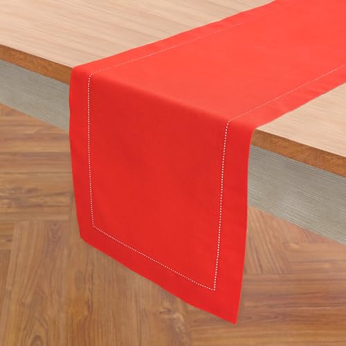 Cotton Linen Dining Table Runner Poppy Red 14 x 90 in - Handcrafted, Hemstitch