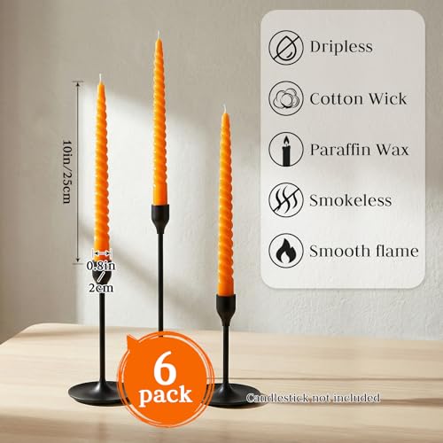Orange Spiral Taper Candles - 10 Inch Unscented Dripless Twisted Candlesticks for Fall Halloween & Holiday Decor - 6 Pack