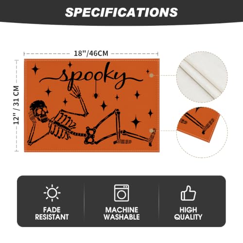 Orange Skeleton Halloween Placemats Set of 4 - 12 x 18 Inch Rectangular Table Decor
