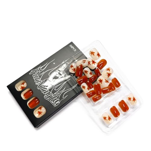 Halloween Thanksgiving Short Square Press-On Nails with Cat's Eye Maple Leaves - 24Pcs Design H01