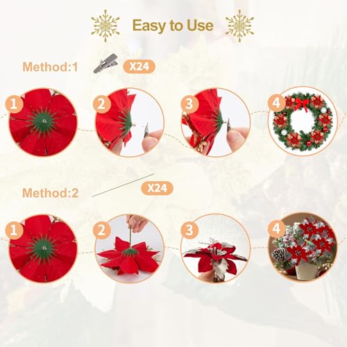 Silver Glitter Poinsettia Christmas Tree Decorations - 24 Pack, 6 Inch Holiday Ornaments with Clips