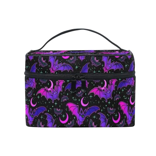 Skulls Purple Bat Gothic Makeup Bag - Large Travel Cosmetic Organizer for Women & Teens