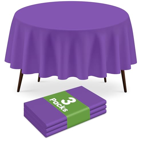 Dark Purple Round Disposable Plastic Tablecloth 84 Inch, 3 Pack for Parties