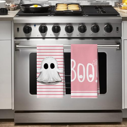 Pink Ghost Halloween Kitchen Towels Set of 4 - 18x26 Microfiber Dish Towels, Quick Dry