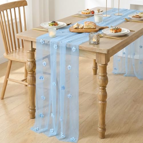 28x120 Inch Blue Flower Pearl Gauze Table Runner Set - 6 Pack for Holiday & Wedding Decor