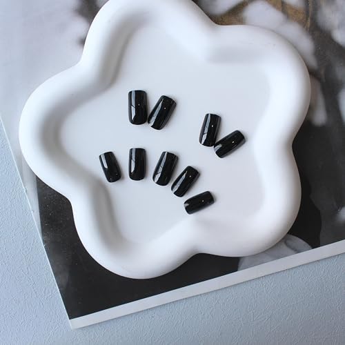 Black Press-On Nails Short Medium Square Glossy Fake Acrylic Gel Nails for Women