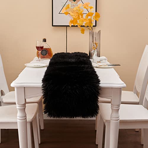 Faux Fur Table Runner 11.8x59.1 Inch Black Furry Dresser Cover Decor