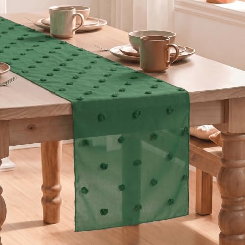 Forest Green Pom Pom Tulle Table Runner - 12x72 Inch Christmas & Holiday Decor