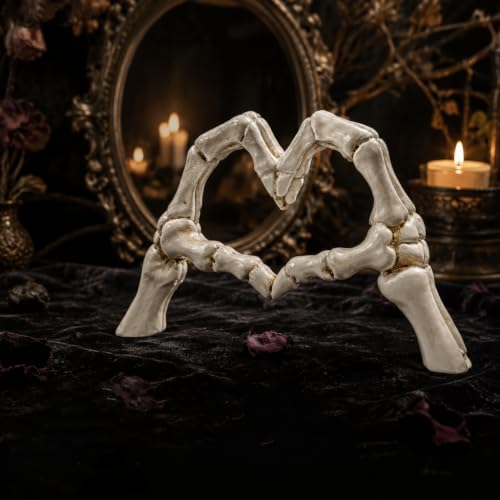 White Skeleton Heart Hand Sculpture - Gothic Resin Halloween Decor - 9.1 Inch - Variation of Skeleton Gesture