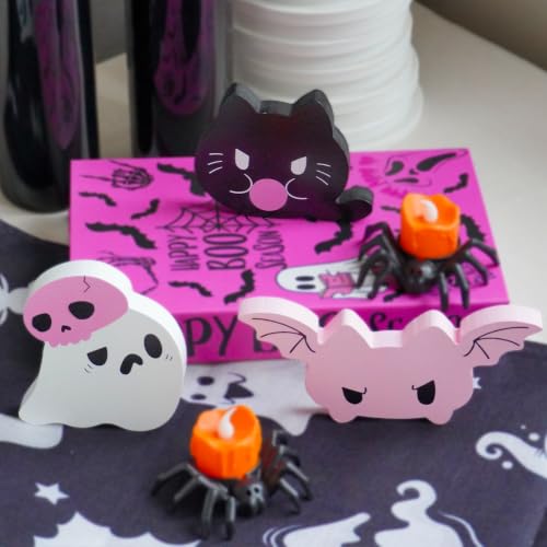 Pink Halloween Decor Set - 3pcs Cute Ghost Bat Cat Centerpieces, Multicolor