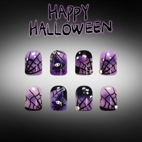 Halloween Witch Press on Nails Short Square Black Purple with Cap & Cobweb - Style27