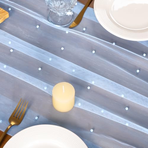 Light Blue Pearl Light Blue Table Runner 10FT Fall Tulle Gauze Boho Cheesecloth - Variation of This Listing