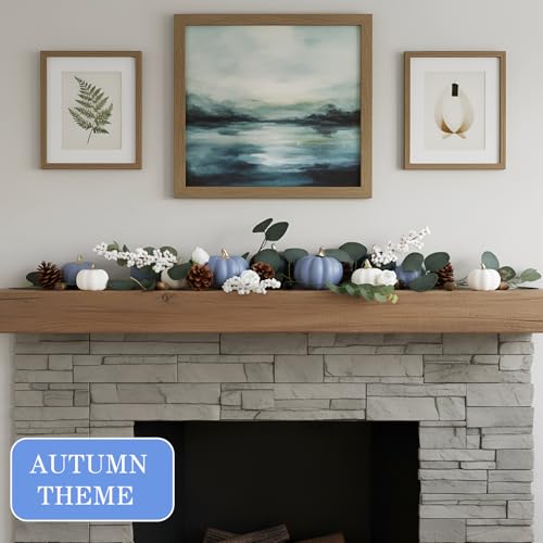 Artificial Fall Pumpkin & Eucalyptus Leaves Decor Set - Blue & White - 56 Pieces