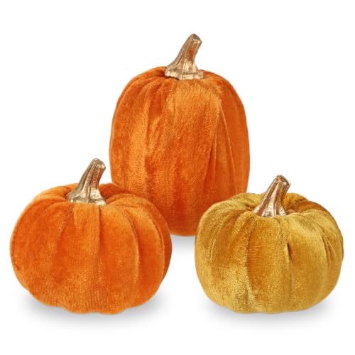Artificial Mini Velvet Pumpkins Fall Decor - Orange Series, 3 Pack, Autumn Harvest Table Centerpieces
