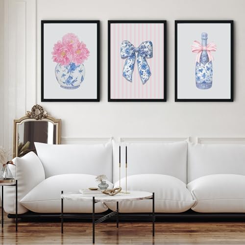 Black Framed Blue Pink White Flower Canvas Wall Art Set - 12x16 Inch, Chinoiserie Style