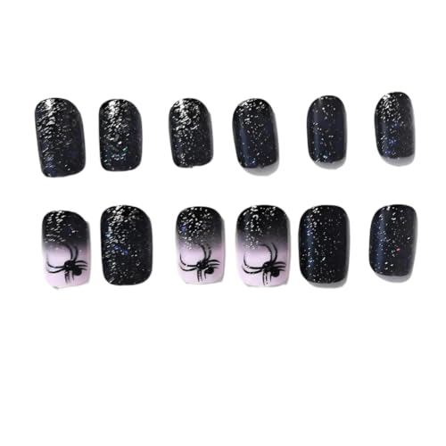 Halloween Short Square Fake Nails with Spider Web & Gradient Design - Style10