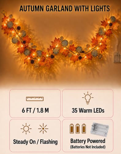 Fall Garland with 35 Warm LED Lights - Autumn Decor for Indoor & Outdoor