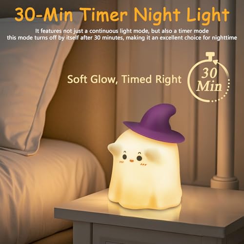 Ghost Night Light with Timer - Magician Warm White Squeeze Touch Lamp - Rechargeable and Dimmable Halloween Decor