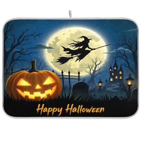Halloween Witch Bat Dish Drying Mat - Extra Large 16 x 18 inches - Absorbent Kitchen Mat - Fall Decor