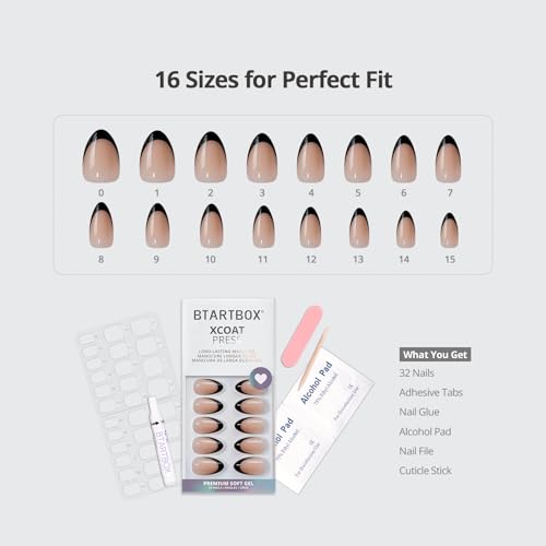 French Tip Short Almond Press On Nails Kit - Black Variation A1