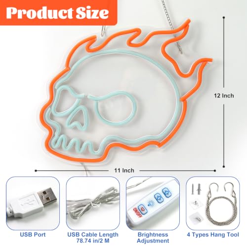Halloween Neon Sign - Burning Skull with Flame Style B - USB Powered, Dimmable, Easy Mounting