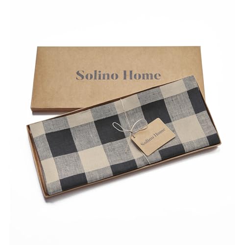 Linen Table Runner 14x90 in Natural Black Check - Handcrafted, Machine Washable