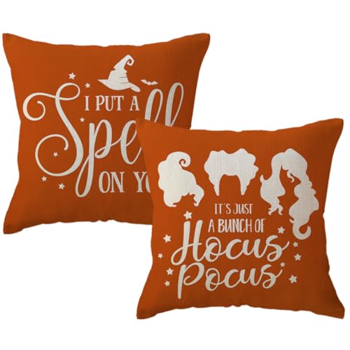 Halloween Throw Pillow Covers 18x18 Inches Set of 2 with Funny Witch Sayings - Orange Fall Decor