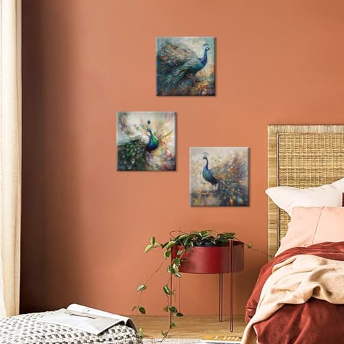 Colorful Peacock Wall Art Canvas Prints Set - 12x12 Inches, 3 Pieces - Elegant Bedroom & Bathroom Decor
