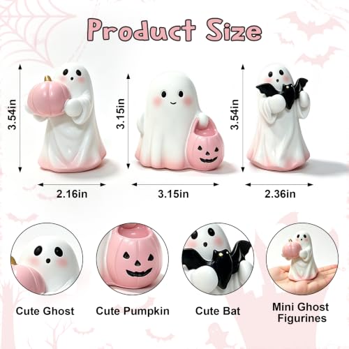 Pink Halloween Ghost Decor Set - 3 Mini Resin Figurines with Pumpkin Bat and Candy Bowl