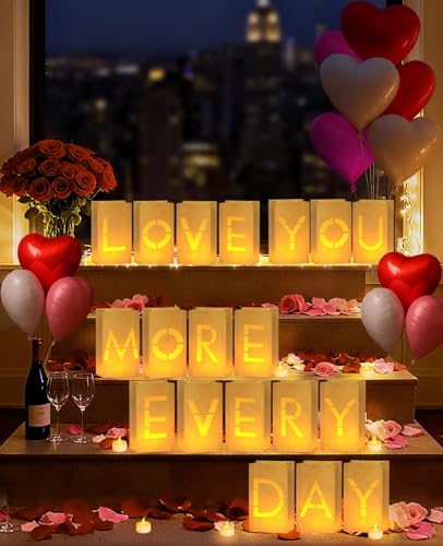 Love You More Every Day Anniversary Decorations Set - 19 Luminary Bags & LED Tea Lights