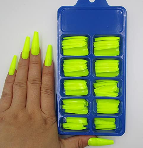 Neon Press-On Nails Long Coffin Fake Nails - Lime Yellow 120 Pack