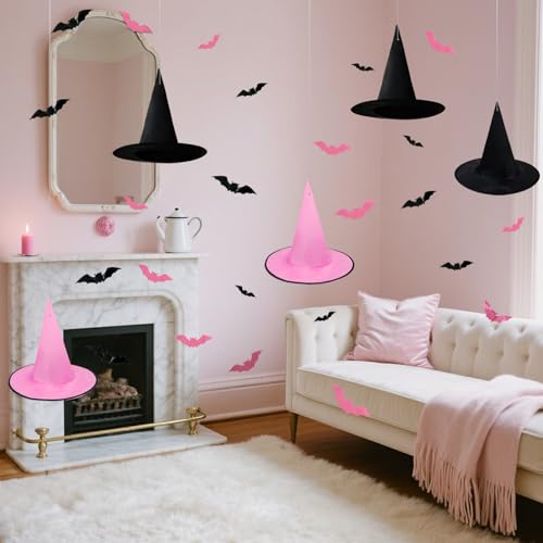 Halloween Hanging Witch Hats Set with Bat Wall Decor & Rope - Spooky Indoor Outdoor Party Decorations