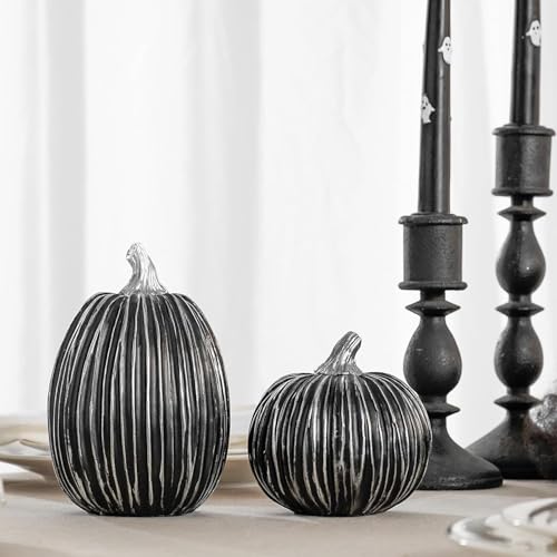 Black Pumpkin Decor Set - 2 Faux Stacking Fall Halloween Indoor Decorations Variation of Black / Set of 2