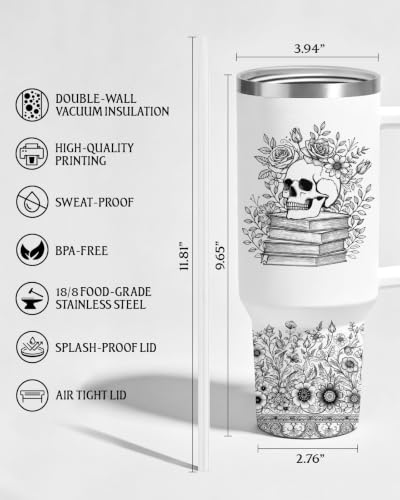 Skeleton Reading Books Tumbler 40oz with Handle - Halloween Gift - Skull Book Variation