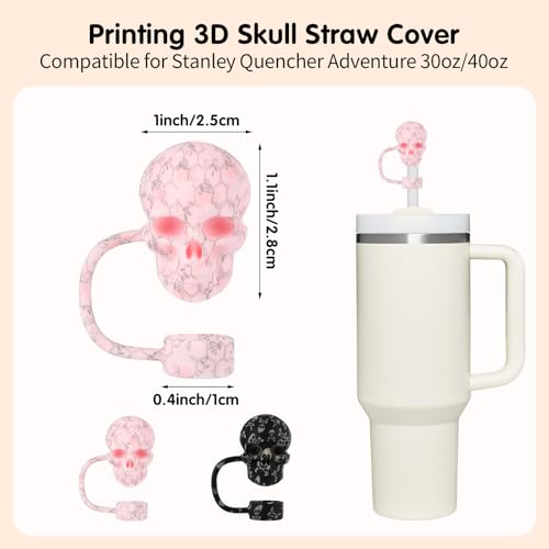 Halloween Skull Straw Toppers for Stanley Cup - Black & Pink, Heifen
