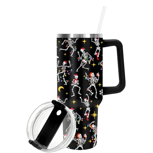 40oz Stainless Steel Christmas Tumbler with Handle and Straw - Holiday Drink Cup with Lid
