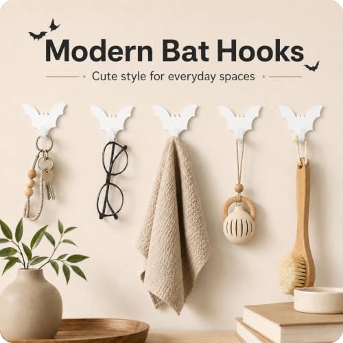 White Bat-Shaped Adhesive Wall Hooks - Set of 8 for Home & Office