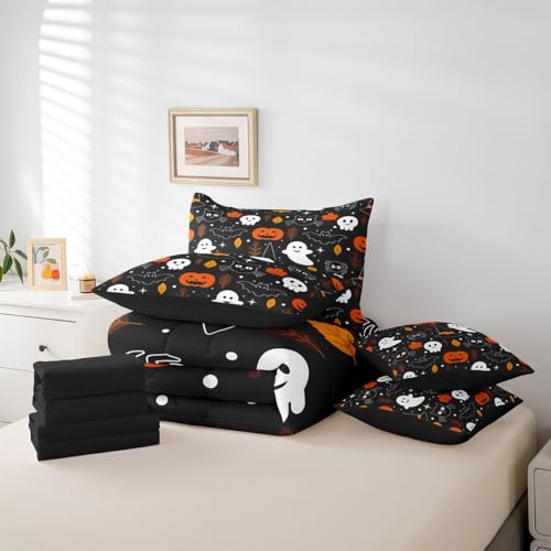 Halloween Bats Ghost Spider Bed in a Bag Comforter Set Twin 7 Pieces - Multi 08
