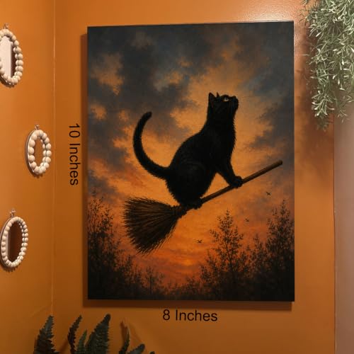 Halloween Wall Art Framed Canvas Print Black Cat Broom - Variation of THIS listing