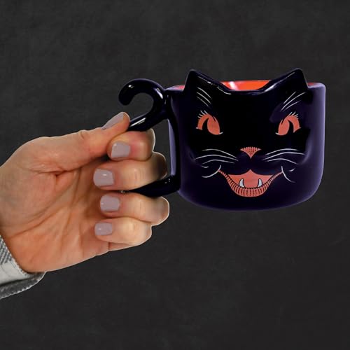 Black Cat Halloween Mug - Vintage Ceramic Coffee Cup with Orange Interior, 12 Oz