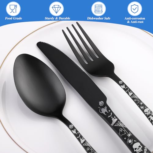 Matte Black Halloween Skull Silverware Set - 40 Piece Flatware for 8
