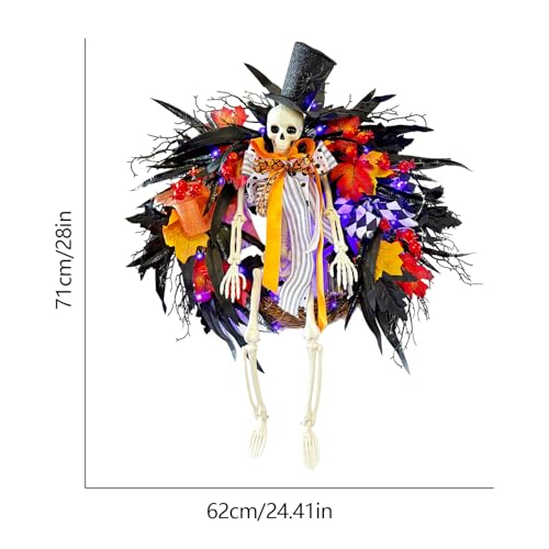Halloween Skeleton Wreath for Front Door with Lights - 28 Inch Orange Variation