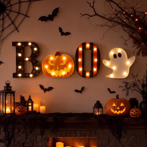 Spooky Halloween LED Pumpkin Ghost Boo Light Sign - Plastic Decor