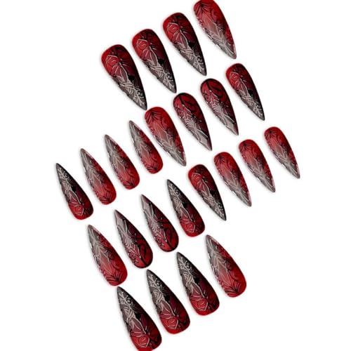 Halloween Press On Nails Red Black Gradient Fake Nails - Medium Almond, Reusable, 24 Pcs - Halloween Style 017