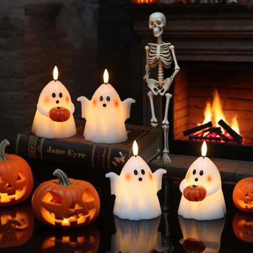 White Halloween Ghost Flameless Candles with 6H Timer - Spooky Ghost Decor