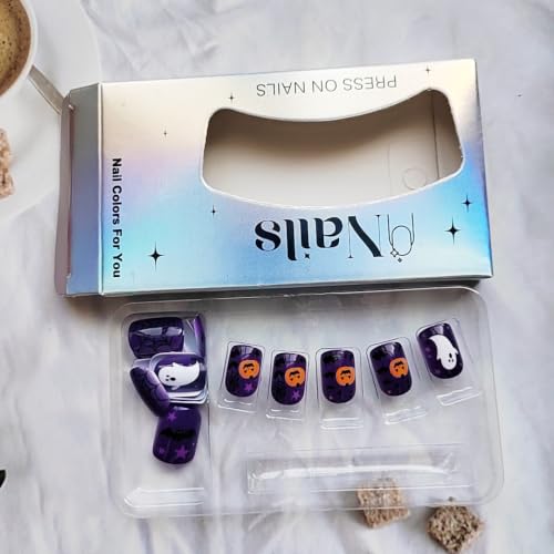 Halloween Press On Nails W10 Purple Short Square Fake Nails with Ghost Pumpkin Bat Web Design